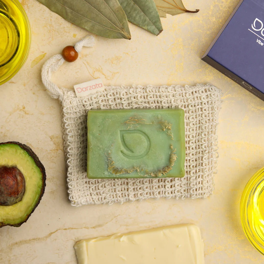 Top view of Darzata Avocado Argan oil and natural loofah Soap with natural ingredients