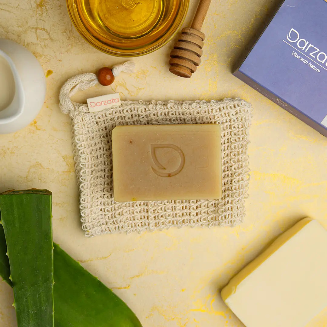 Top view of Darzata Coconut milk Honey Aloevera Soap with natural ingredients
