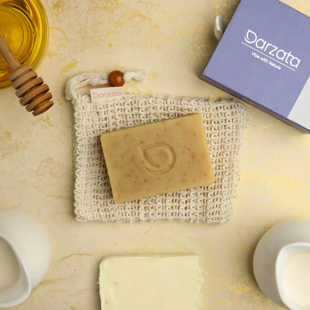 Top view of Darzata Goat milk Oats and Honey Soap with natural ingredients