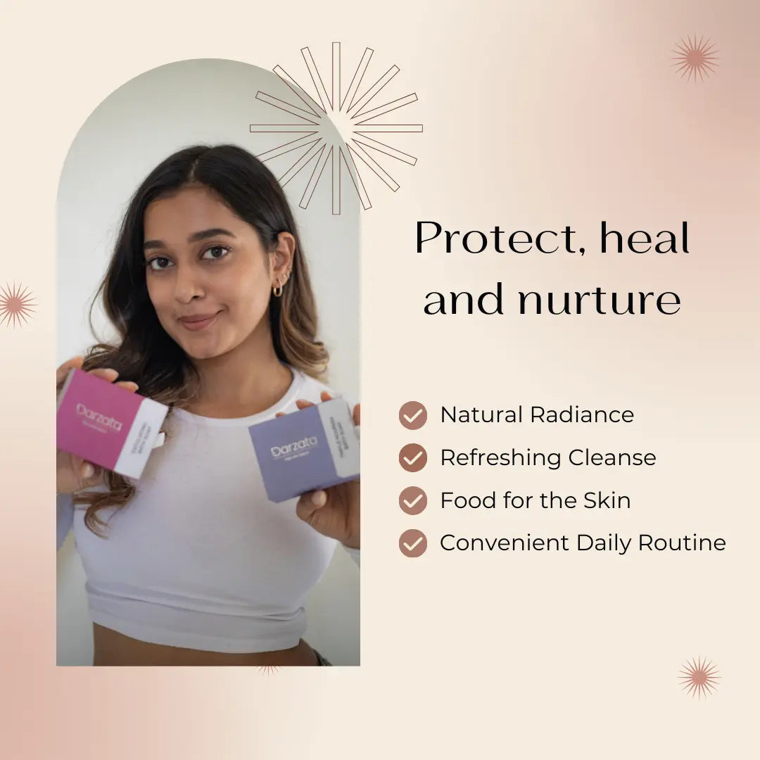 Woman smiling and holding Darzata soap in both hands highlighting their benefits