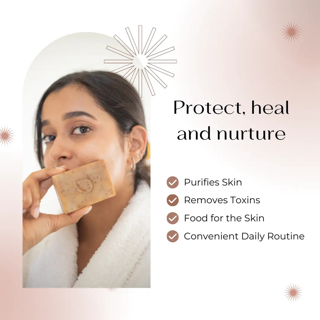 Woman holding darzata soap close to her face highlighting its benefits