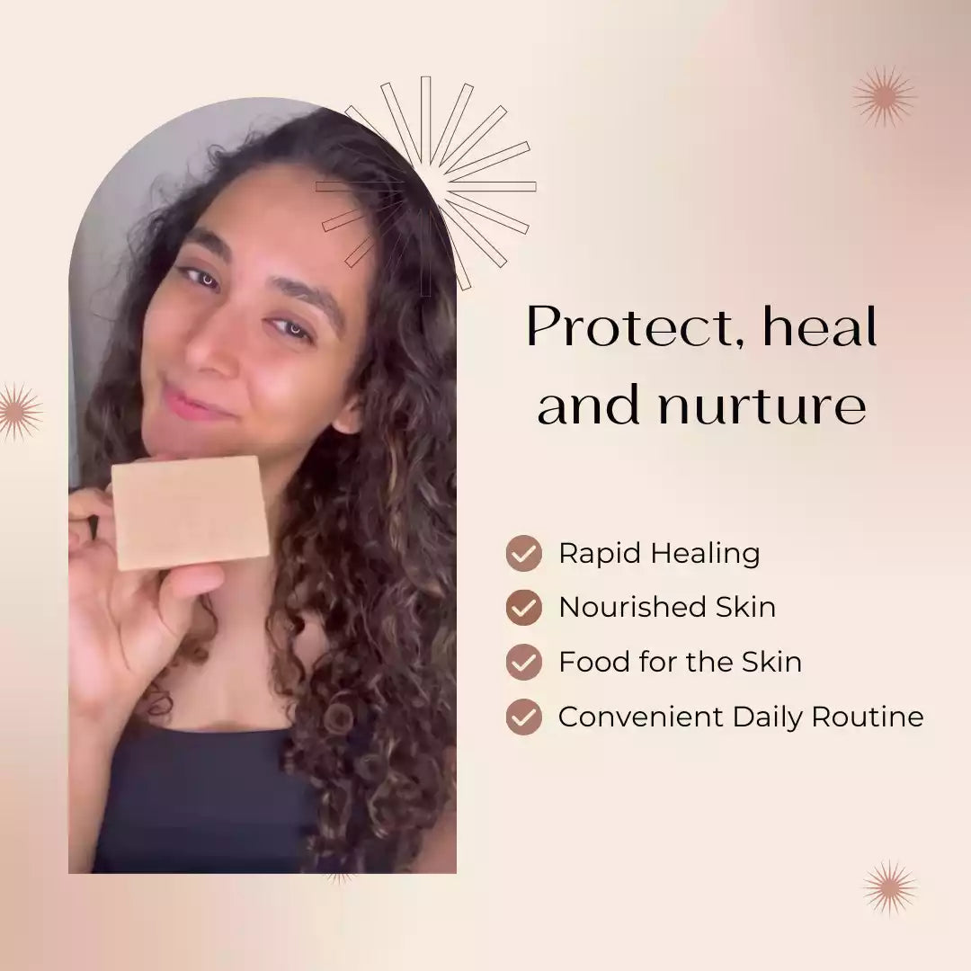 Woman holding Darzata soap highlighting its benefits