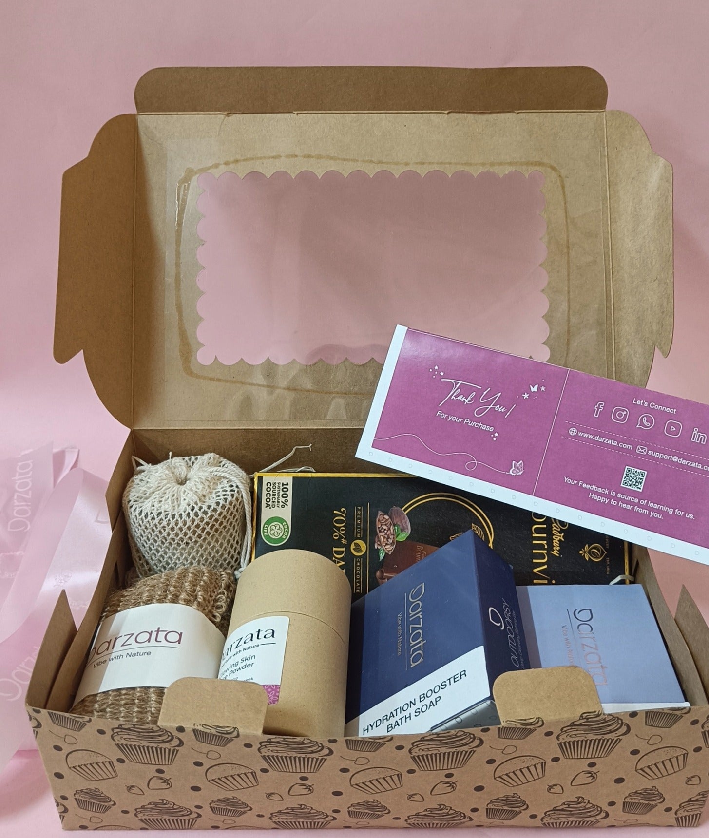 Customised gift box with chocolate thank you note and darzata products
