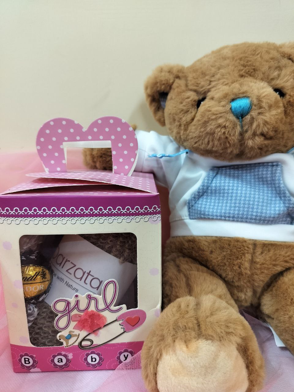 Teddy bear and customised gift box for baby girl with chocolates and darzata products