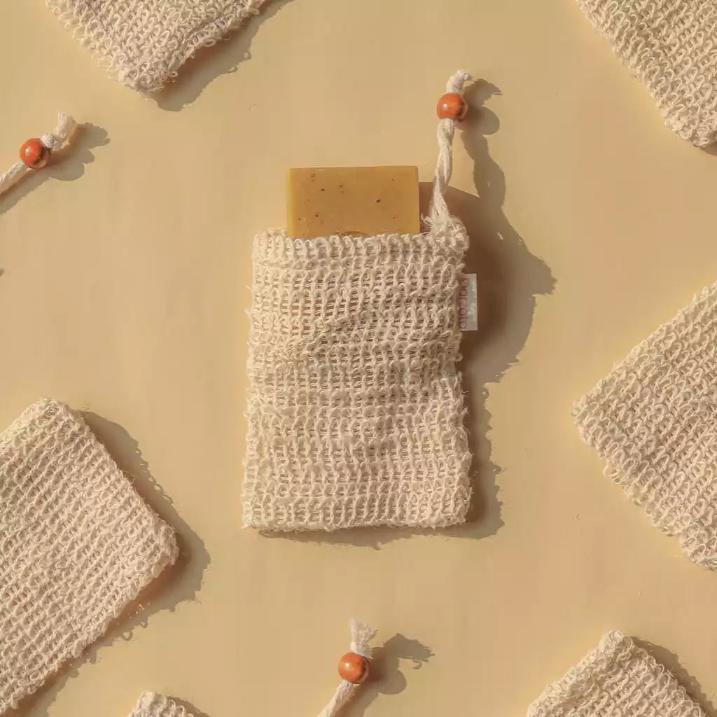 Sisal soap saver pouch with Darzata Soap in it