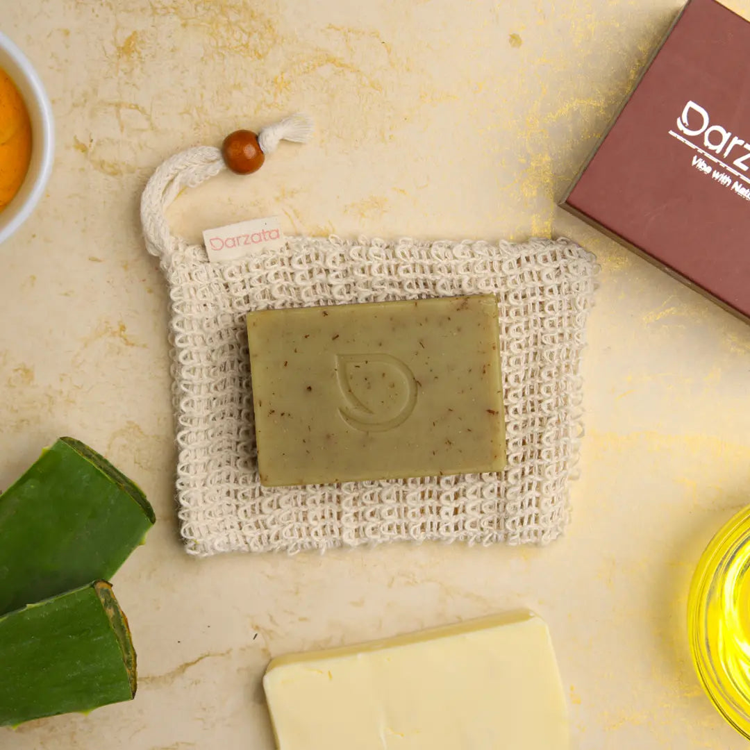Top view of Darzata Neem Aloevera Soap with natural ingredients 