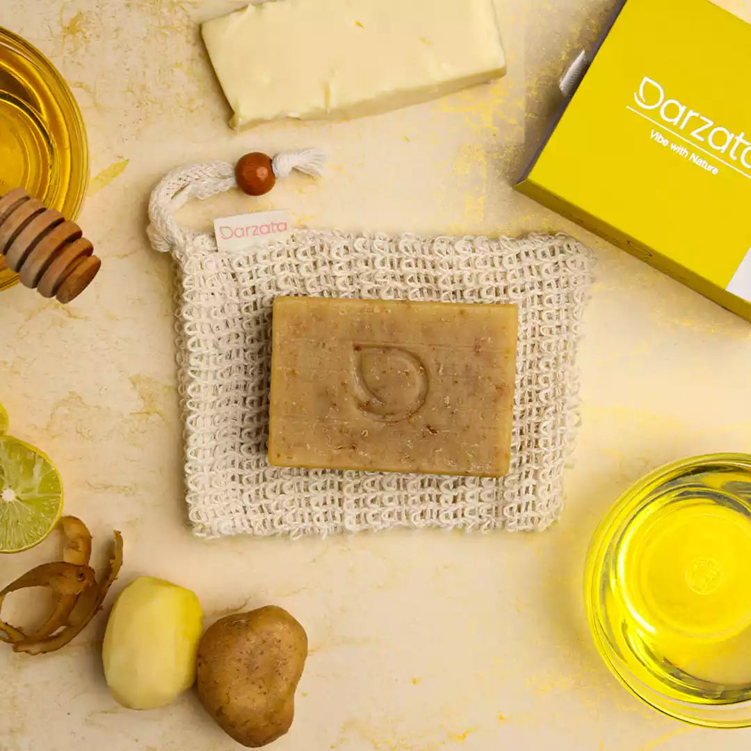 top view of Potato honey soap with darzata packaging and natural ingredients