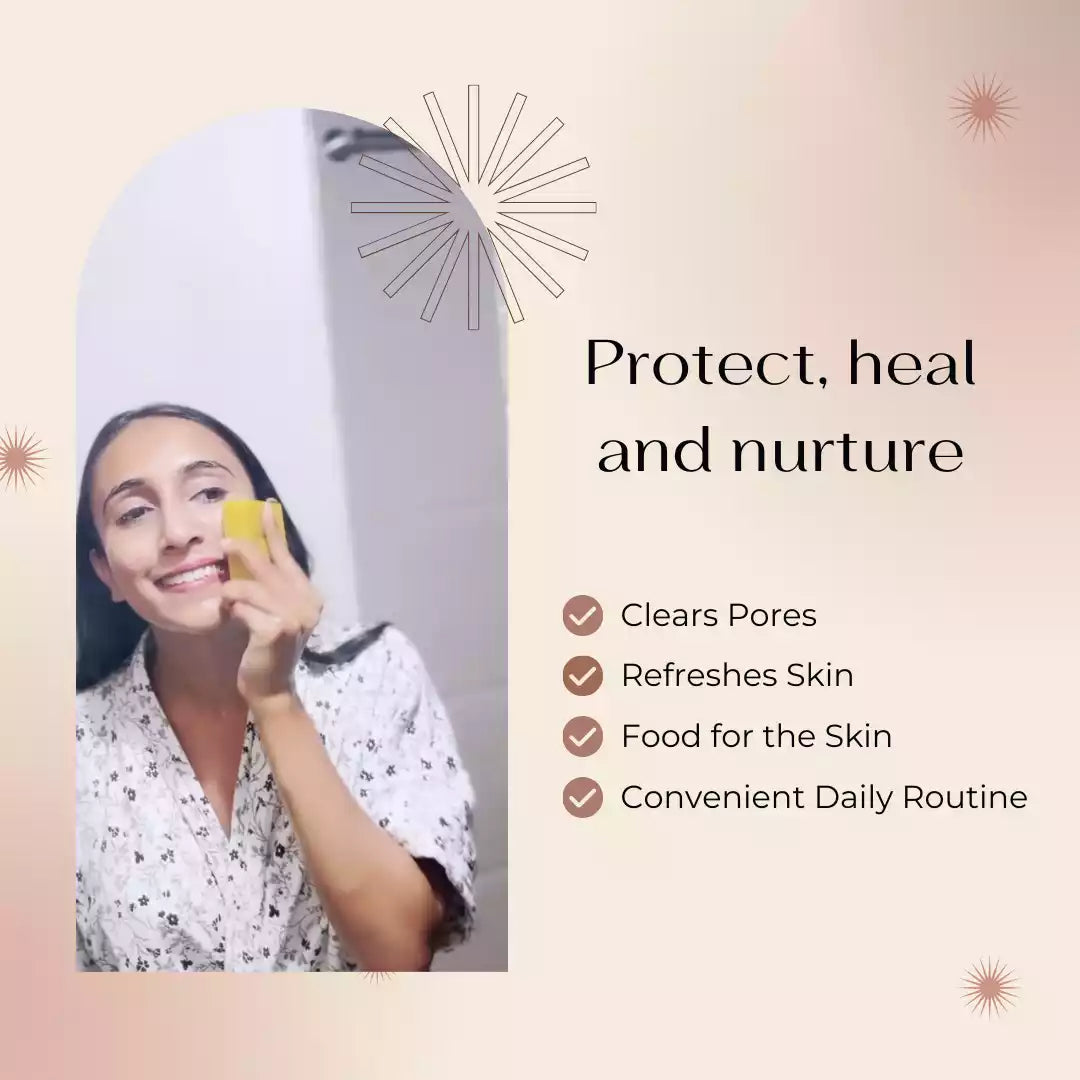 Woman smiling and washing her face with darzata soap highlighting its benefits