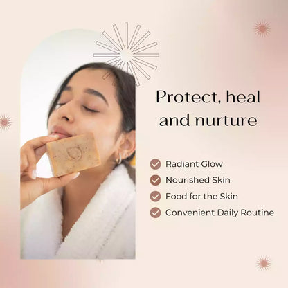 Woman holding darzata soap close to her face highlighting its benefits